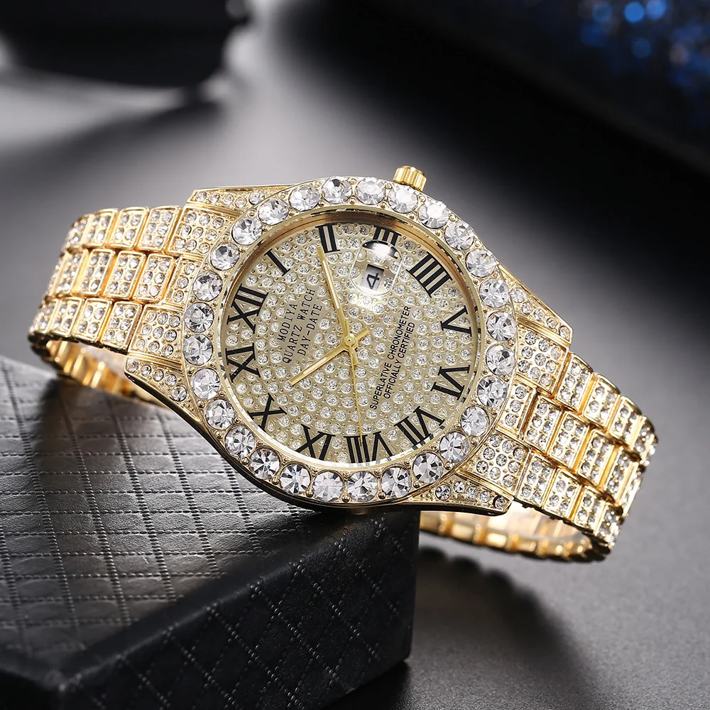 

Часы наручные мужские полностью алмазные, циферблат с циферблатом, римские Наручные часы с браслетом из легированной стали, Сказочная звезда, в стиле хип-хоп, с календарем