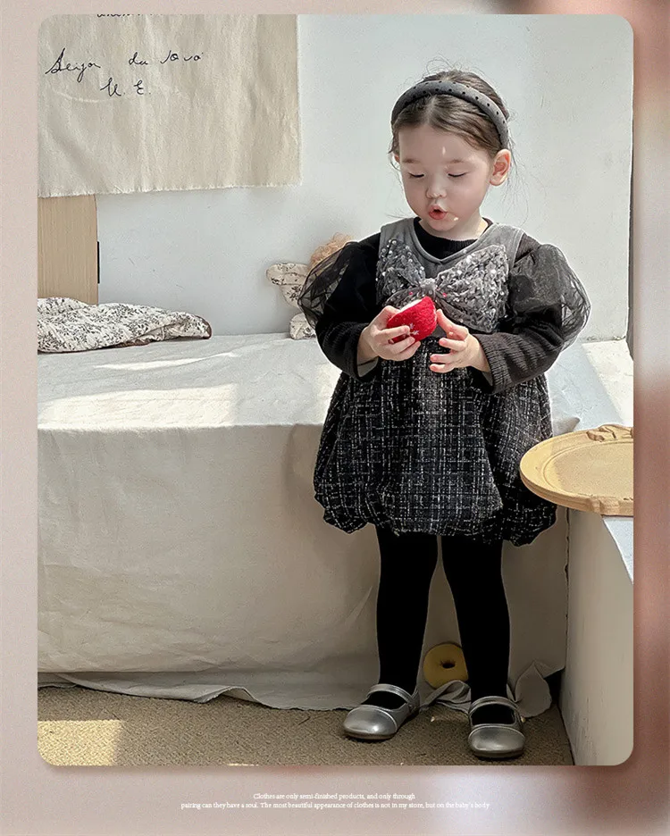 Baby Girl Black Bow Vest Dresses Girls Sisters Rompers Autumn Winter Sweet Dress Korean Infant Birthday Baptism Clothes