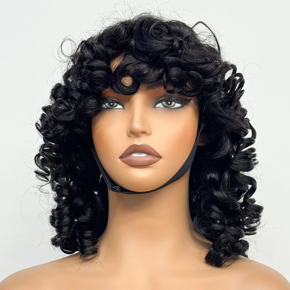 300% Density Loose Bouncy Curly Wig with Bangs Big Wavy Fluffy Loose Curly Wigs Full Machine Made Soft Hair Wigs for Black Women