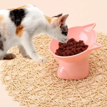 Pet Bowl Large Capacity Cats Bowls Oblique Mouth Cute Cartoon Cat Shape Cat Dog Food Dispenser.jpg
