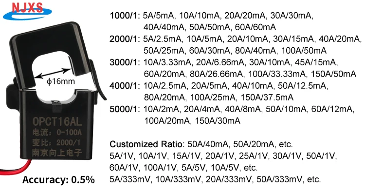Description Picture 5 of itemNJXSE OPCT16AL Split Core Current Transformer 5A 2.5mA 5mA 50A 50mA 25mA 100A 100mA 50mA 40mA 33.33mA Clamp Sensor AC Clamp CT