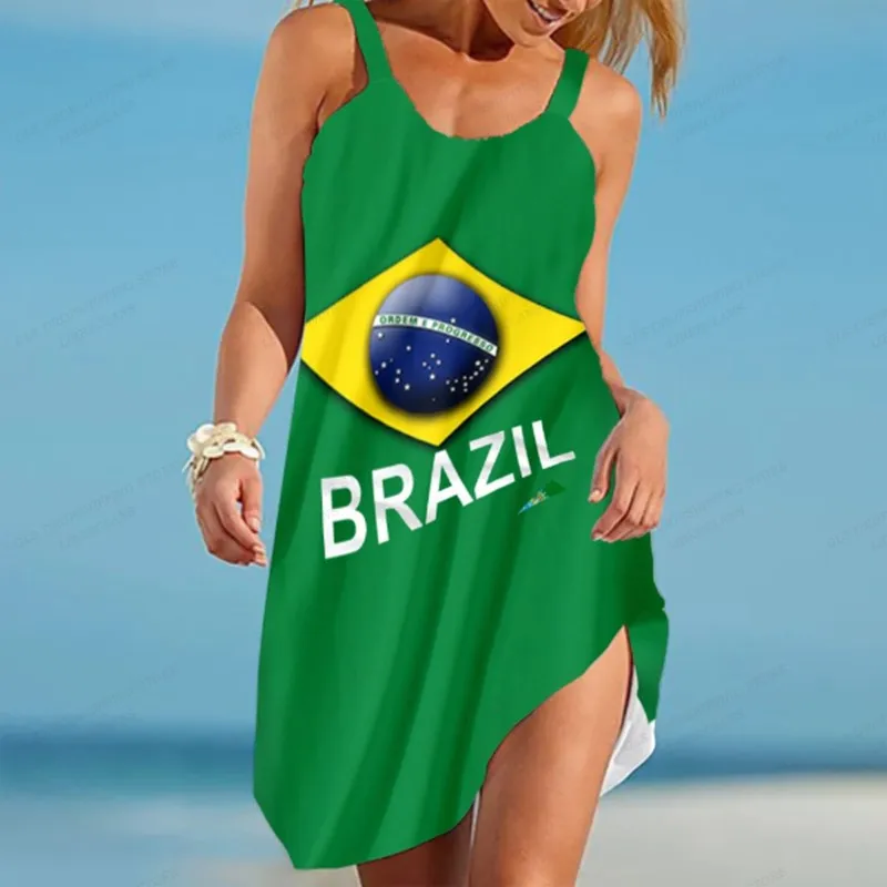 

Brazil Flag Dress Women Fashion Bohemian Spaghetti Strap Dresses Party Evening Sexy Boho Beach Dress Midi Sundress Casual Loose
