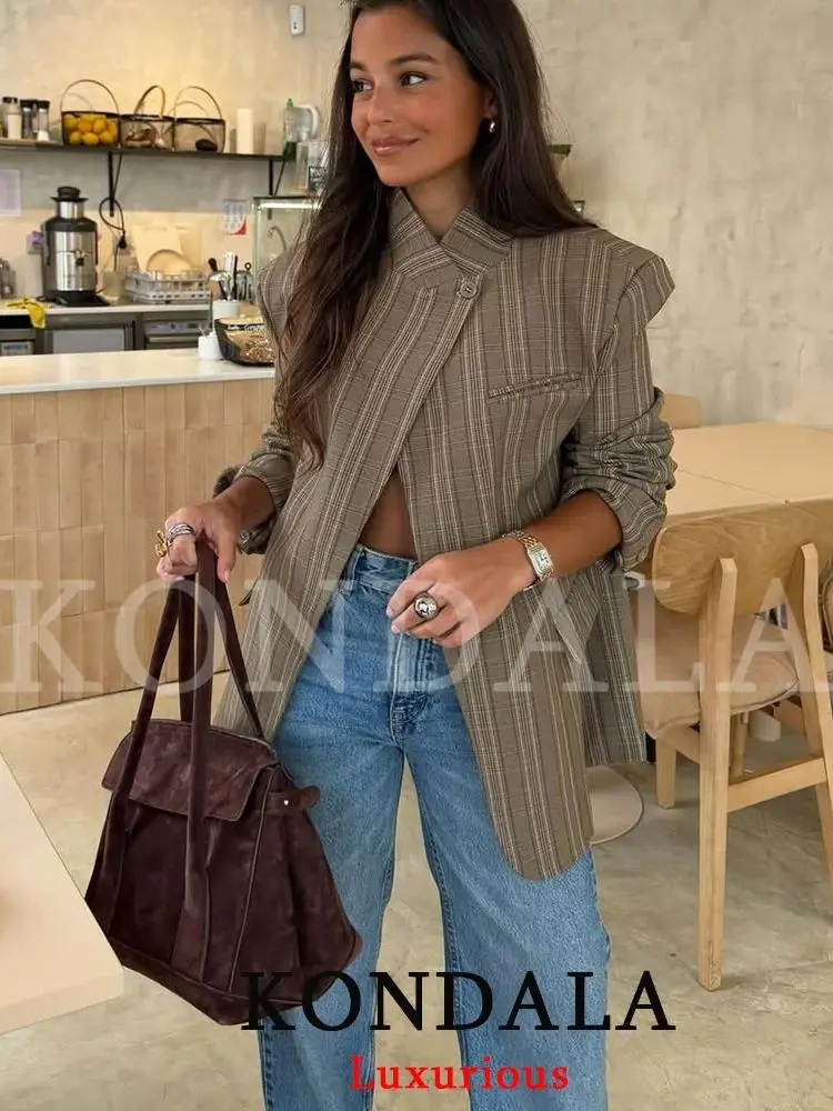 KONDALA Büro-Damen Schicker Karierter Damen-Blazer mit Einzelknopfverschluss und Seitenschlitz Übergroßer Blazer Mode 2026 Frühling Sommer Büro-Damen-Oberteil – Detail 7