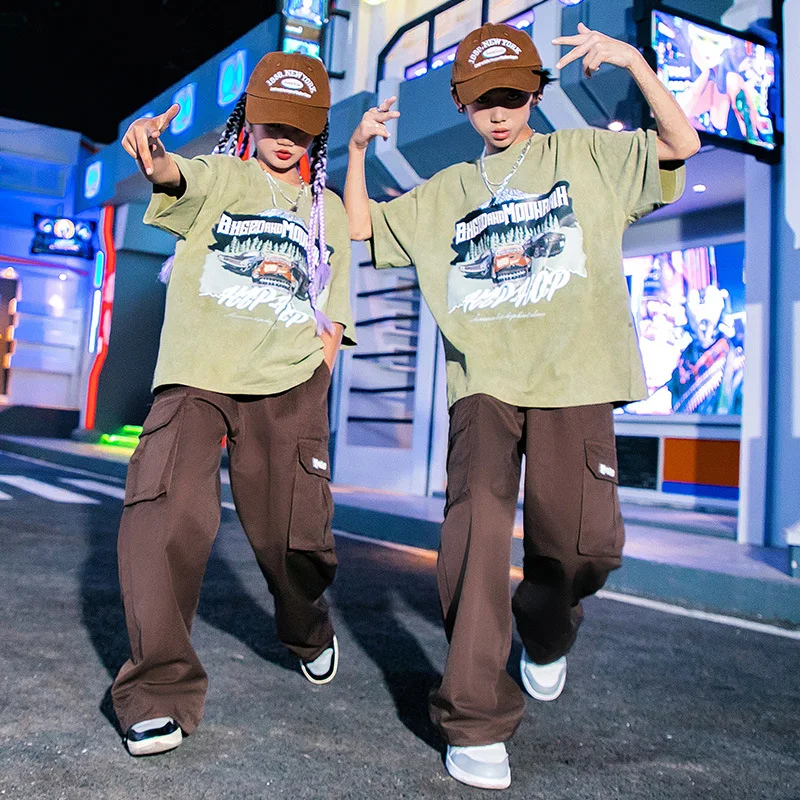 

Girls Hip Hop Clothing Graphic T Shirt Tops Brown Cargo Pants Casual Street Dance Wear Jazz Performance Clothes Kids Tracksuit
