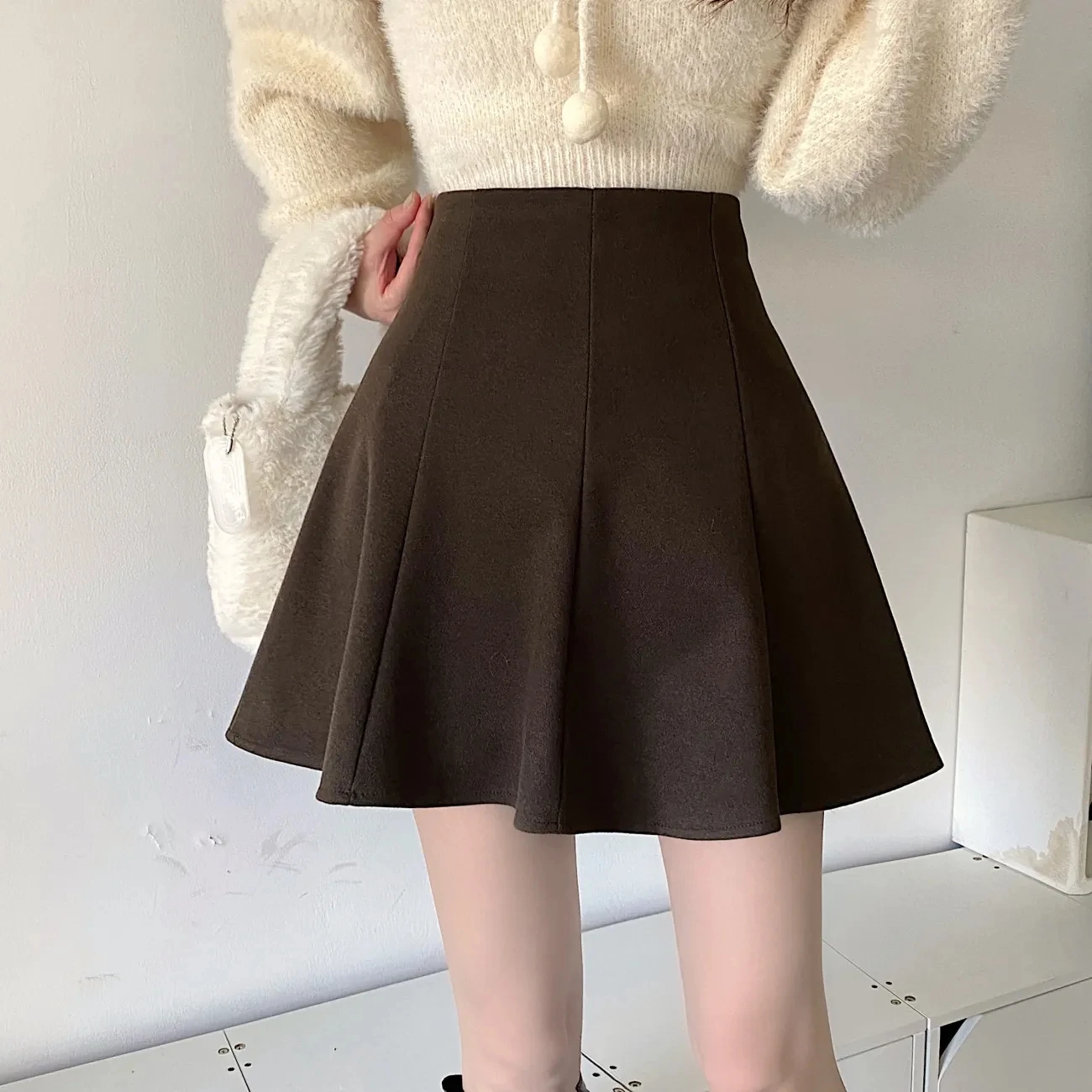

AllSeason Fashion Solid Casual Cool Girl Slim Women's A-Line Dress School Ofice-Lady Soft Zipper Short Tweed Pleated Skirt