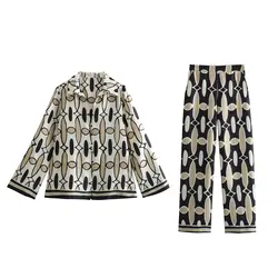 Traje con estampado geométrico de Joker para mujer, camisa de manga larga, chaqueta + Pantalones de cintura elástica, primavera 2024