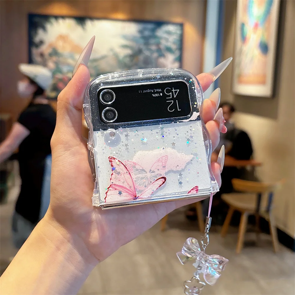 Glitter Bling Epoxy Pendant Shockproof Case with Cartoon Butterfly and Curly Border Design
