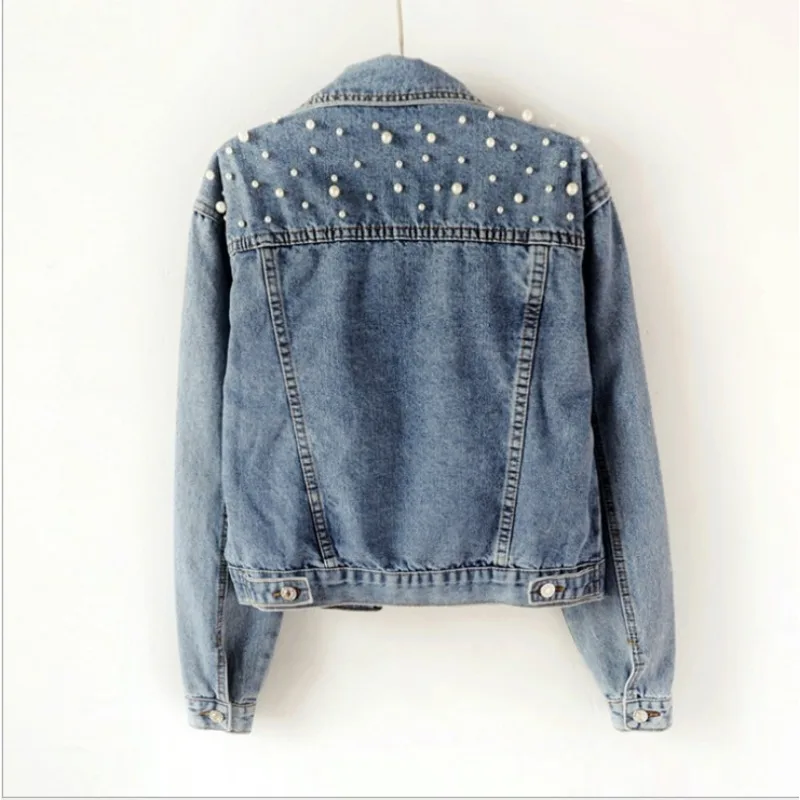 2024 Women's Short Denim Jacket Beaded Pearl Jacket Loose Spring and Autumn New Denim Jacket 5