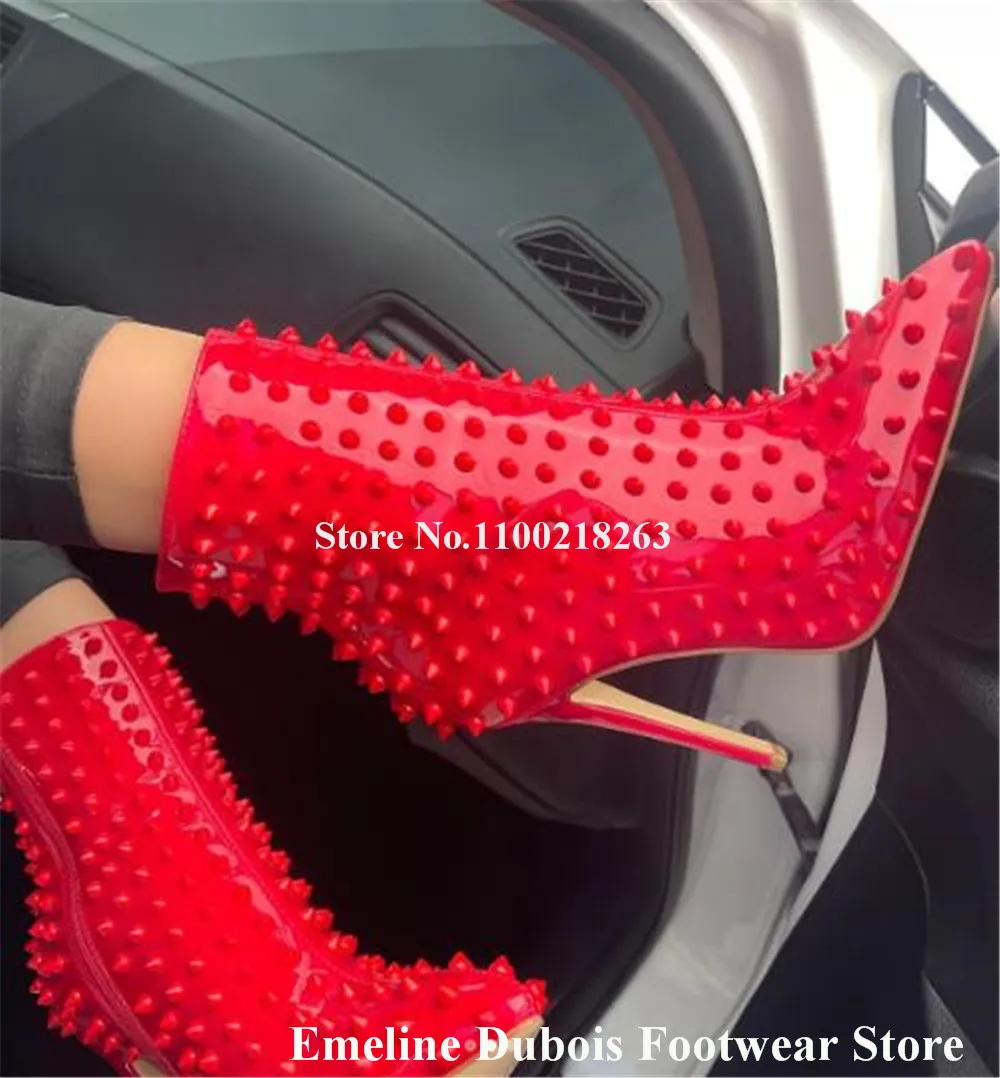 Sexy Rivets Short Boots Emeline Dubois Pointed Toe Pink Red White Studs Stiletto Heel Ankle Heels Party High Heels Boots