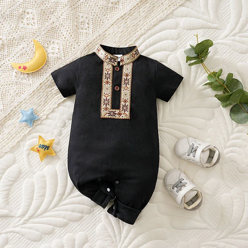 Ethnic Retro Lace Black Design 100% Cotton Soft&Comfortable 2025Newborn Summer0-18Months Boys and Girls Baby Short-Sleeve Romper 1