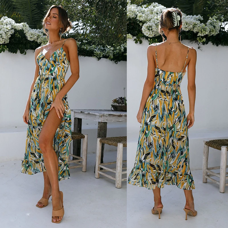 Ladies Sexy Printed Sling Dress Women's V-neck Halter High Waist Split Mid-length Women Fashion Bohemian Beach 2022 | Женская одежда