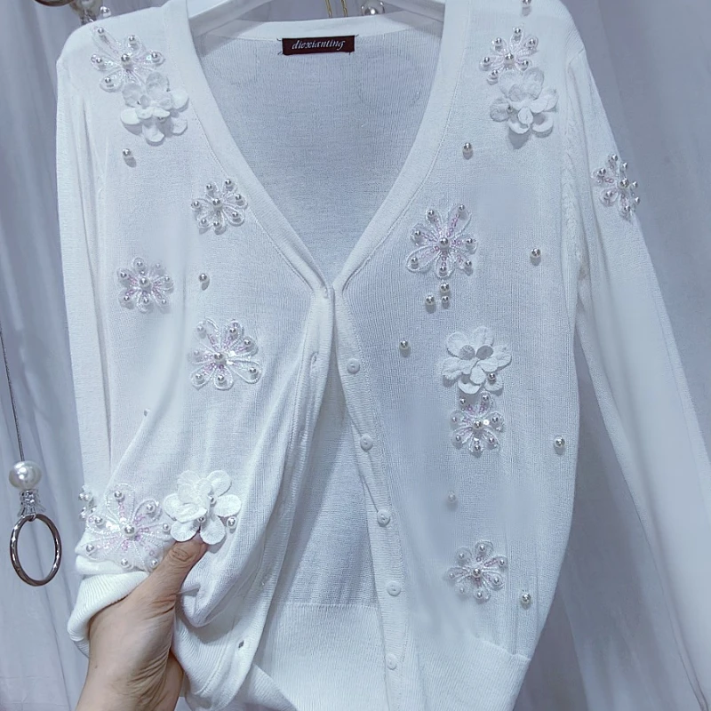 

3D Flowers Petals Sequins Pearls Beaded Knitted Cardigan Fairy Sunscreen Sweater Coat Jumpers Knitwear Long Sleeve Crop Tops