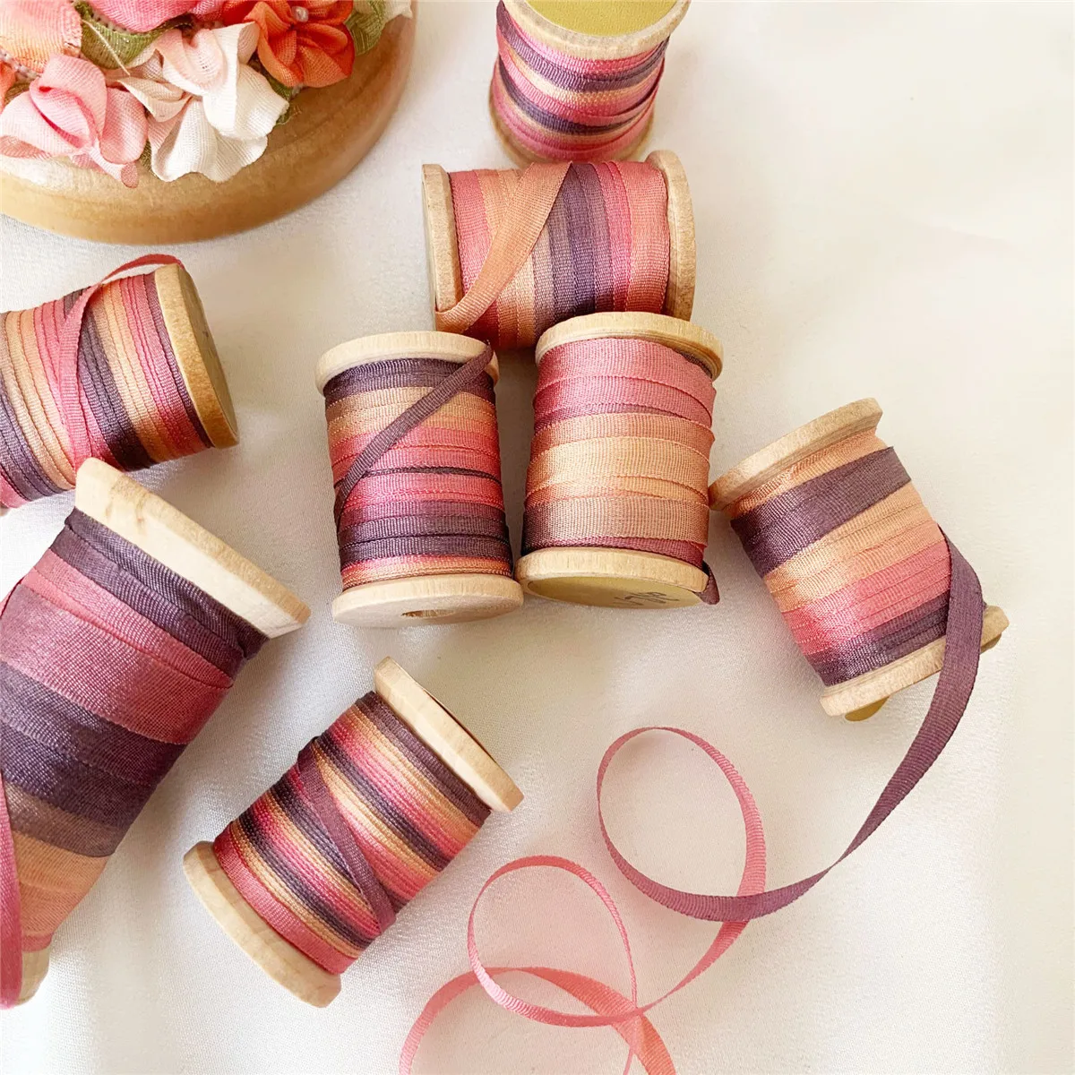 7mmX10m/Roll Vareigated Pure Silk Satin Ribbon Hand Dyed For Sewing Embroidery Needlework Handcraft Christmas Decor