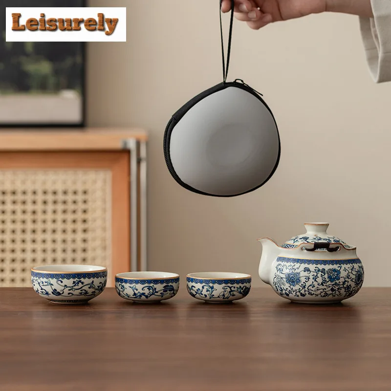 Ru Kiln Blue And White Rice Yellow Travel Tea Set Kit Japanese 1 Pot 3 Cups Tea Maker Organizer Portable Picnic Stock Bags Gift