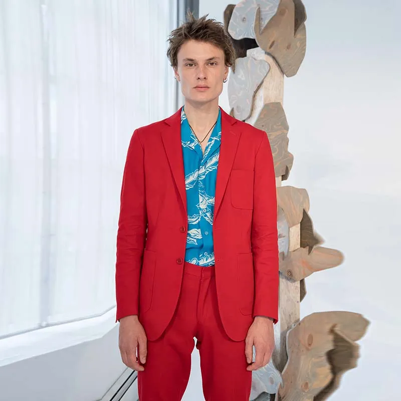 

Мужской однобортный костюм в европейском и американском стиле, Простой повседневный однотонный приталенный костюм, большой ярко-красный костюм