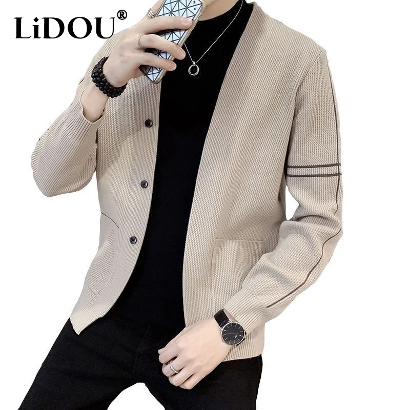 2023 Spring Autumn New Solid Color Fashion V-neck Long Sleeve Knitting Cardigan Man Casual Loose Button Pockets All-match Coat