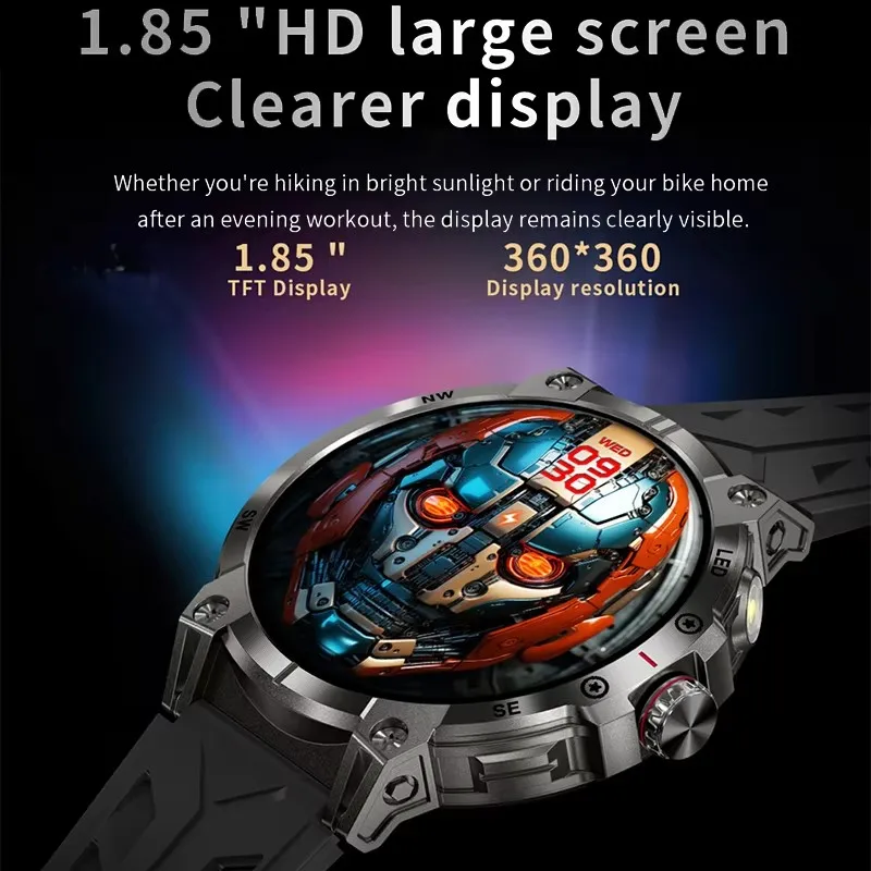Military Smart Watch Men 760mAh Large Battery LED Flashlight Compass 1.8