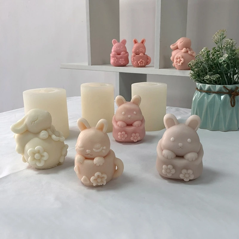 꽃 차 컵 촛불 주조 수지 금형 귀여운 토끼 실리콘 촛불 금형 DIY 퐁당 케이크 초콜릿 장식 도구