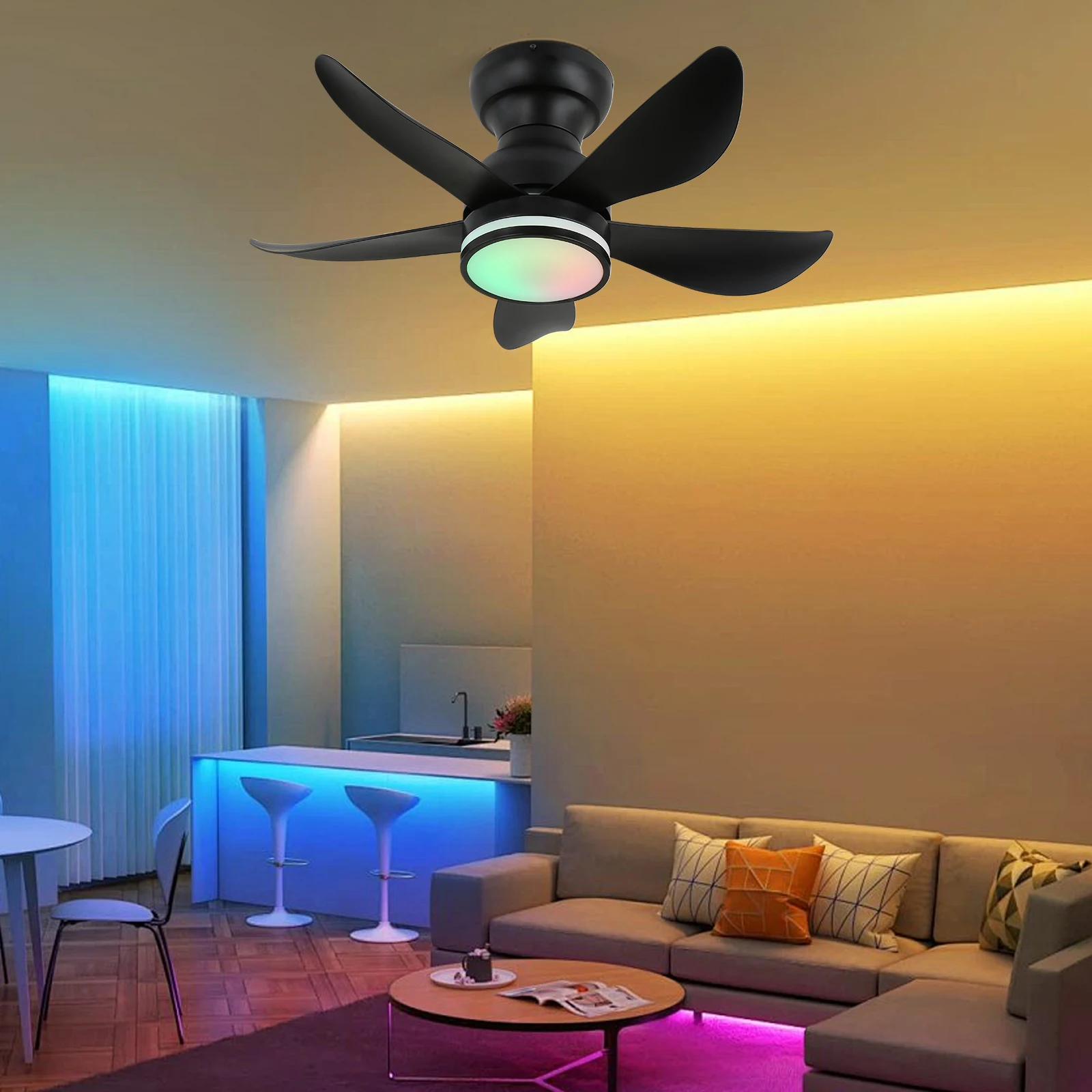 Led Ceiling Fan Lamp With RGB Light Modern Pendant Fan Fandelier Chandelier Home Appliance Decor RC Fixture RC Dimming