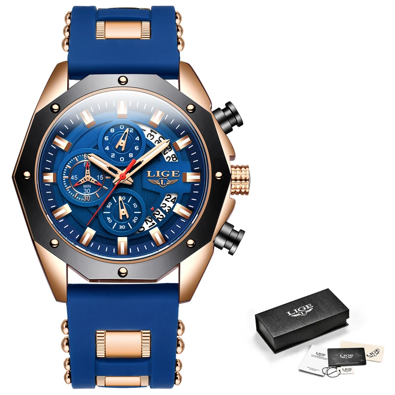 2022 LIGE New Fashion Mens Watches Top Brand Luxury Silicone Sport Watch Men Quartz Date Clock Waterproof Wristwatch Chronograph 