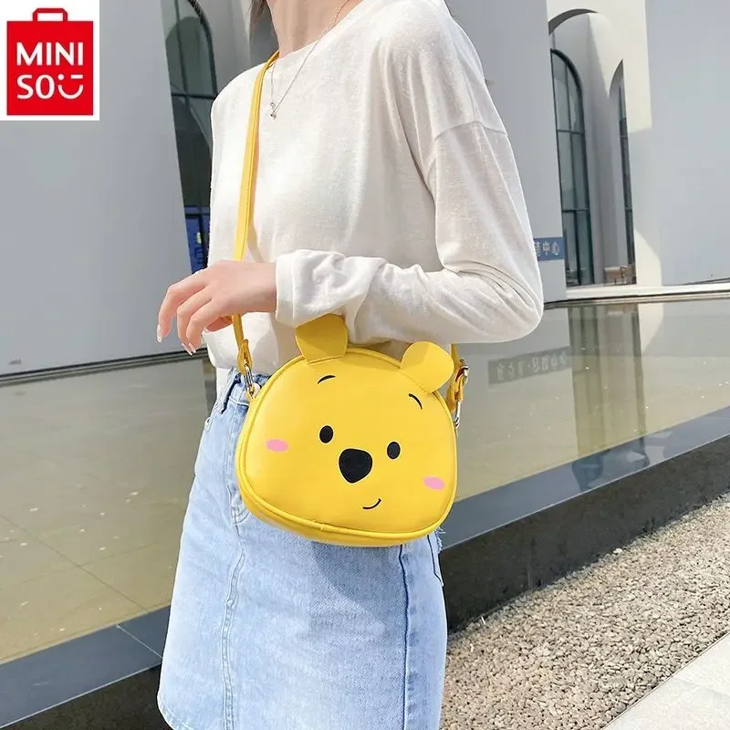 MINISO Disney Cute Winnie Bear Printed Small Round Bag Women's High Quality Sweet Lightweight Storage Bag