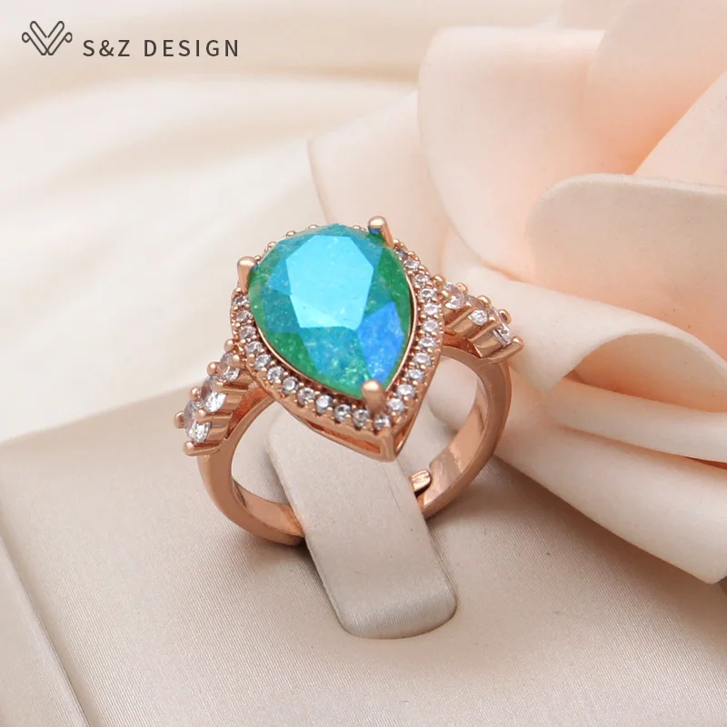 S&Z DESIGN New Fashion Water Drop Ice Crack Crystal Adjustable Rings For Women Luxury 585 Rose Gold Color Cubic Zirconia Jewelry