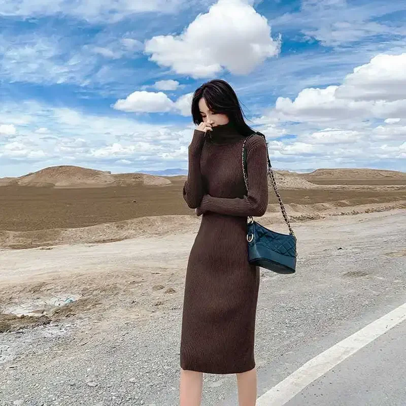 

Turtleneck Midi Crochet Dresses for Women Cover Up Woman Dress Brown Knee Length Clothes Knitted Black Korean Style Vintage Hot