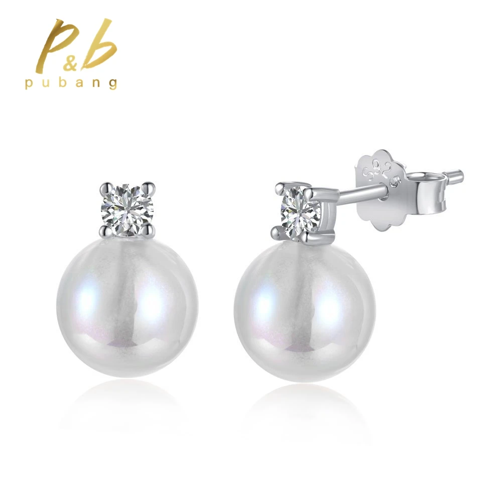 

PuBang Fine Jewelry Solid 925 Sterling Silver Freshwater Pearl Diamond Wedding Cocktail Stud Earrings for Women Anniversary Gift