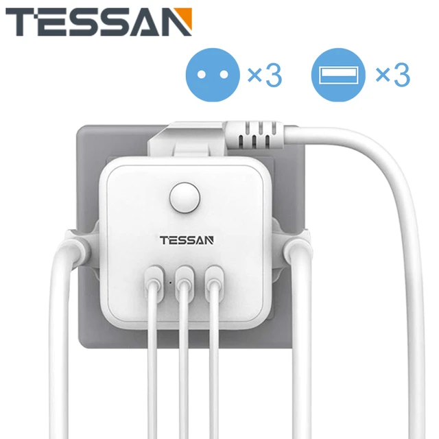 TESSAN-regleta de alimentación EU KR con interruptor de encendido/apagado,  3 salidas de CA, 3 puertos de carga USB, 5V, 2.4A, adaptador de corriente  multienchufe portátil