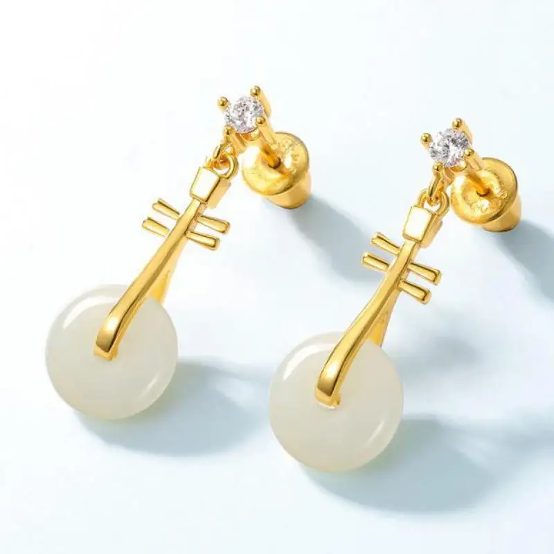 

Natural Hetian Jade Drop Earrings S925 Sterling Silver 10k Gold Plated Zircon Nephrite Violin Dangle Earring Women Fine Jewelry