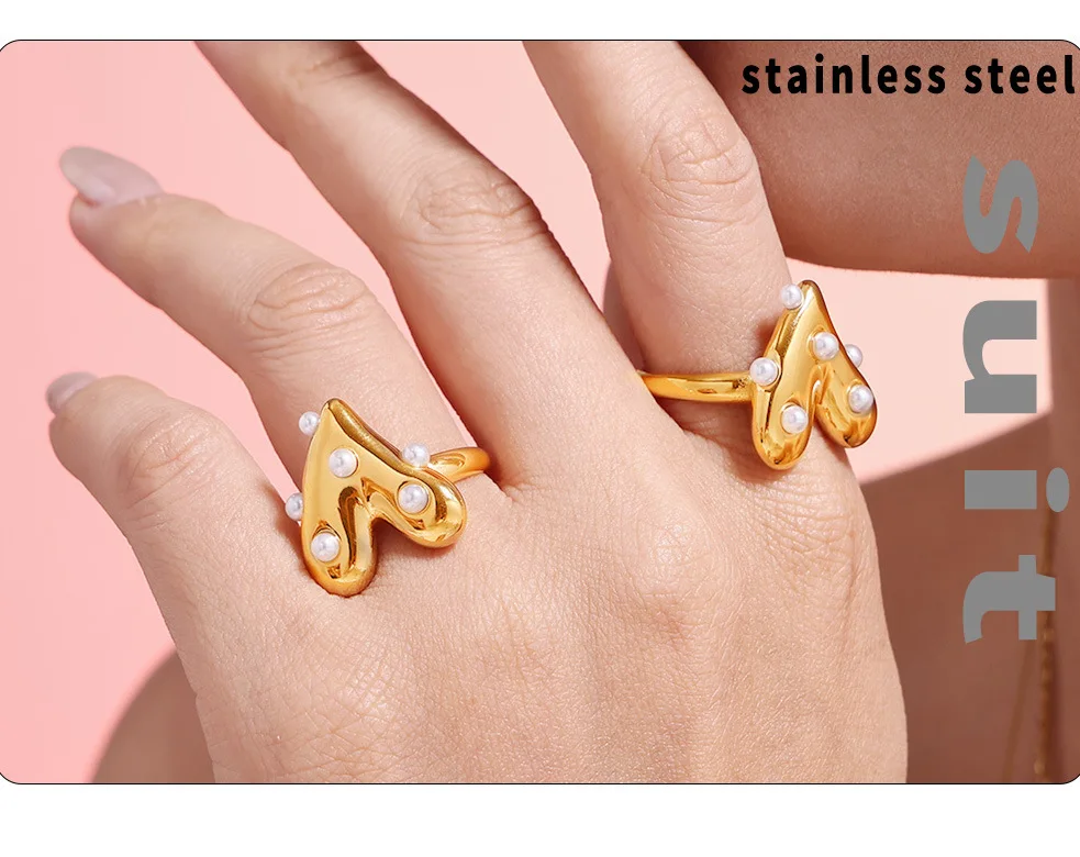 Imitationsperle Doppelschichten Herz Anhänger Halskette Armband Ohrringe Ring Set 4 Stück Damen Edelstahl vergoldet Schmuck – Detail 2