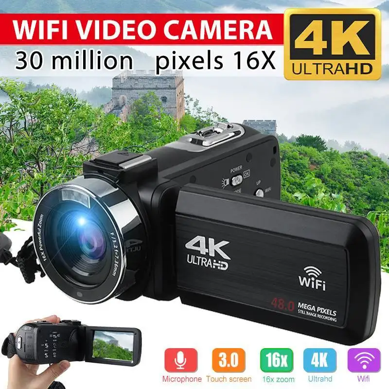 4K Ultra HD Video Camera 30MP WiFi DV Camcorder Digital Video Camera 270 Degree Rotation Touch Screen 16X Digital Zoom Camera