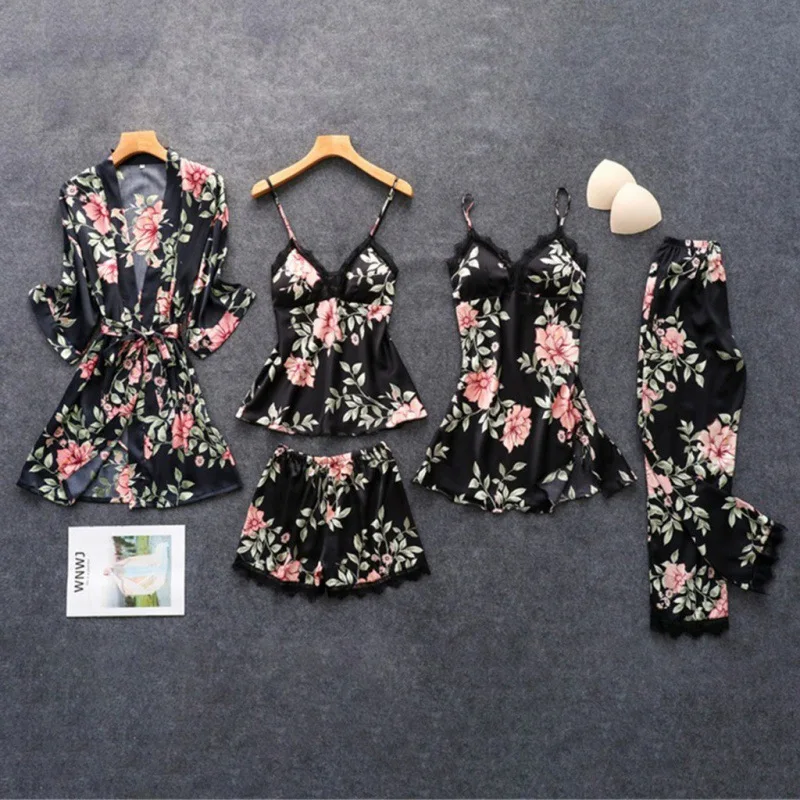 2024 New Top Pajamas Sexy Summer Pajamas Five Piece Set Suspender Pajamas for Women Home Clothing with Chest Pads Bathrobe