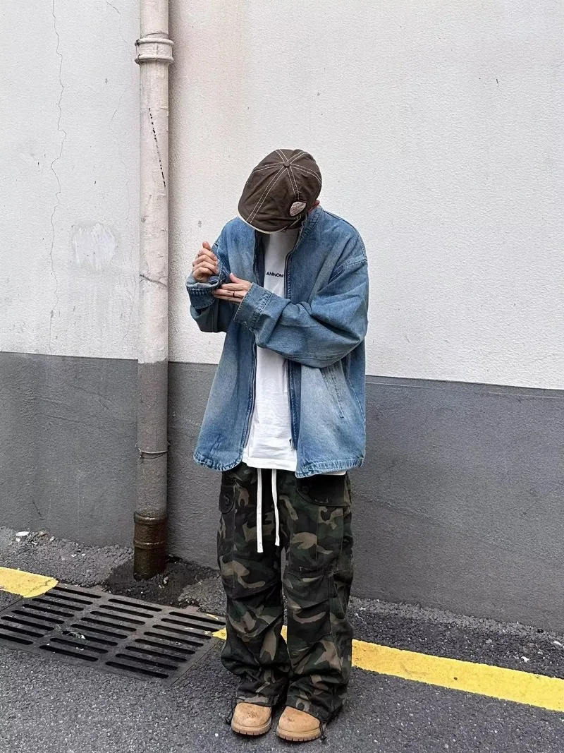 Harajuku Mode Japonaise Homme Veste En Jean Délavée à Col Montant