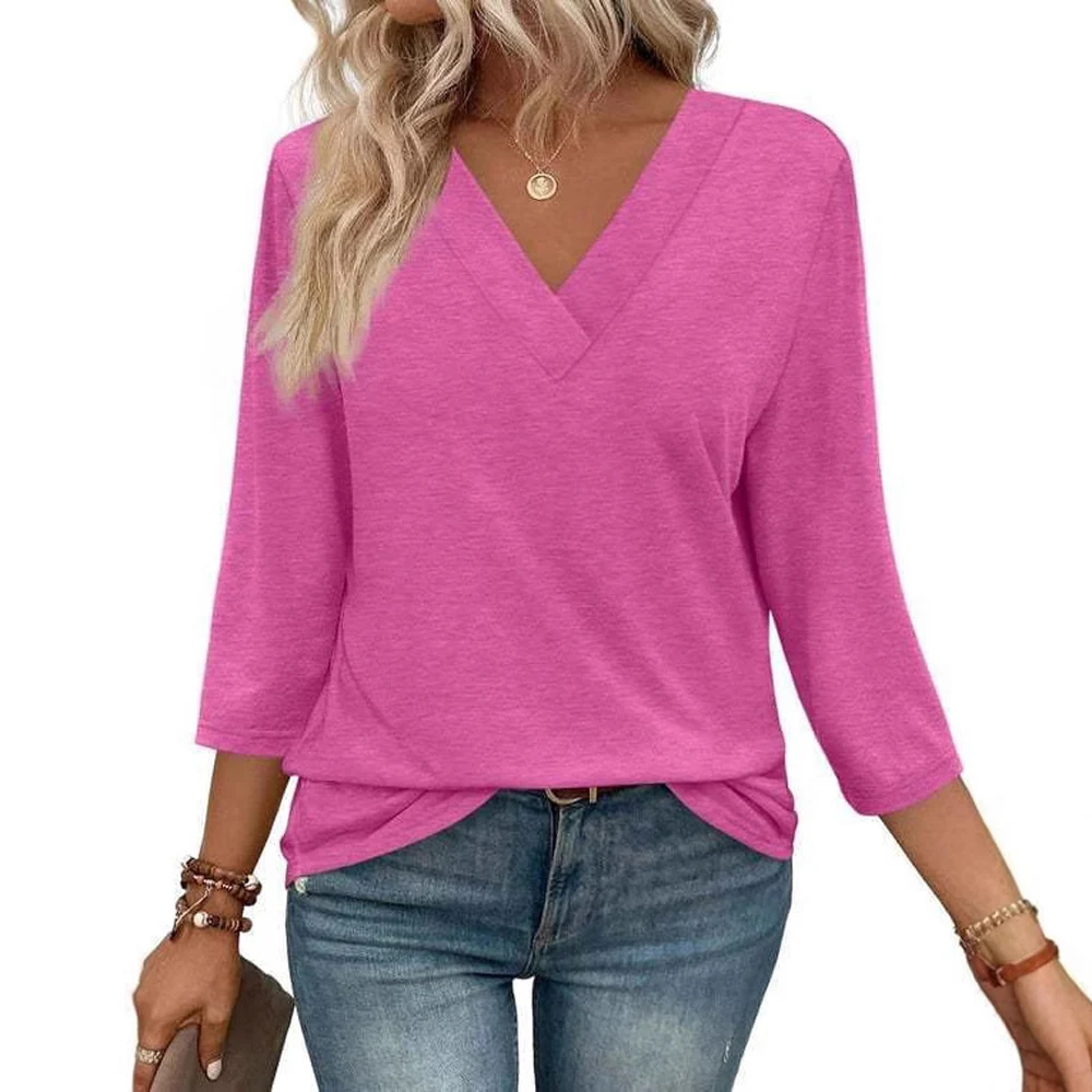 Women Long Sleeve V Neck Solid Color Loose Fit T Shirt