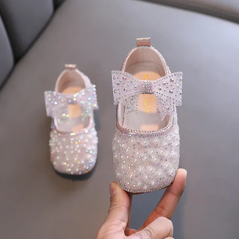New Girls Princess Shoes Fashion Children's Bow Rhinestone Sequin Kids Shoes Baby Party Student Flat Performance H19
