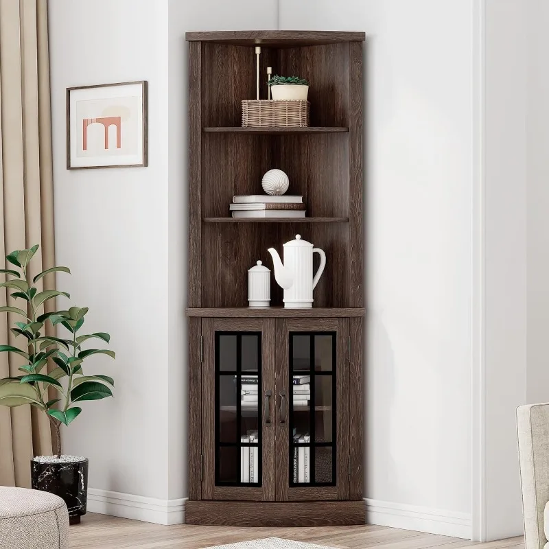 

Curved Corner Storage Cabinet, 65" Tall Freestanding Bookcase with Glass Doors & Adjustable Shelves, 5-Tier Corner Display