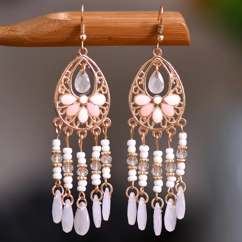 Orecchini Pendenti Lunghi Bohémien Con Perline Acriliche Vintage - Fatti A Mano, Etnici, Regalo Per Donna