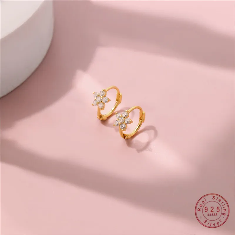 

925 Sterling Silver 14k Gold Plated Stud Earrings Simple Zircon Flower Star Earrings for Women Temperament Jewelry Gift