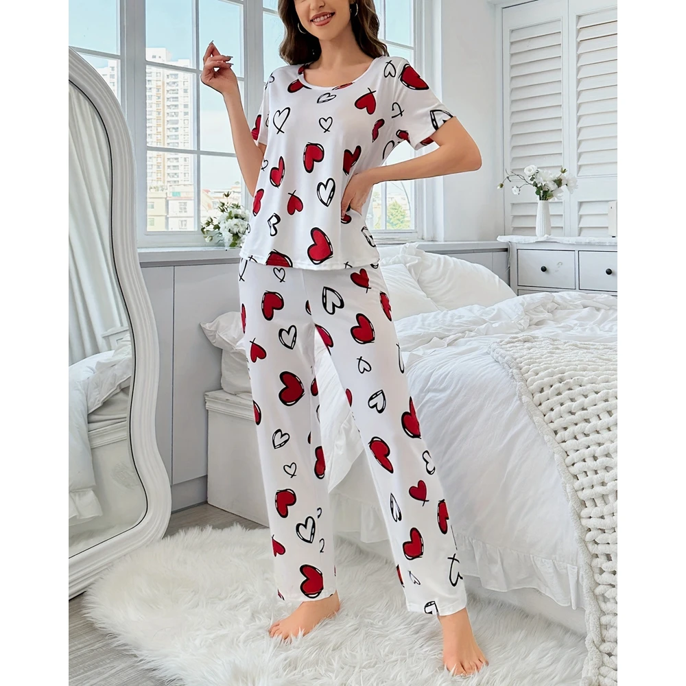 Casual Heart Print Two Piece Pajamas Set for Women Round Neck Short Sleeve Top & Long Pants Sets Sleepwear Summer Homewear