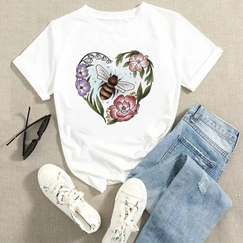 thumbnail image 1 of Camisetas estampadas de dibujos animados para mujer, camisetas de moda de verano, Tops de leopardo con corazón de amor, camiseta de manga corta para vacaciones 2022, 1 of 5