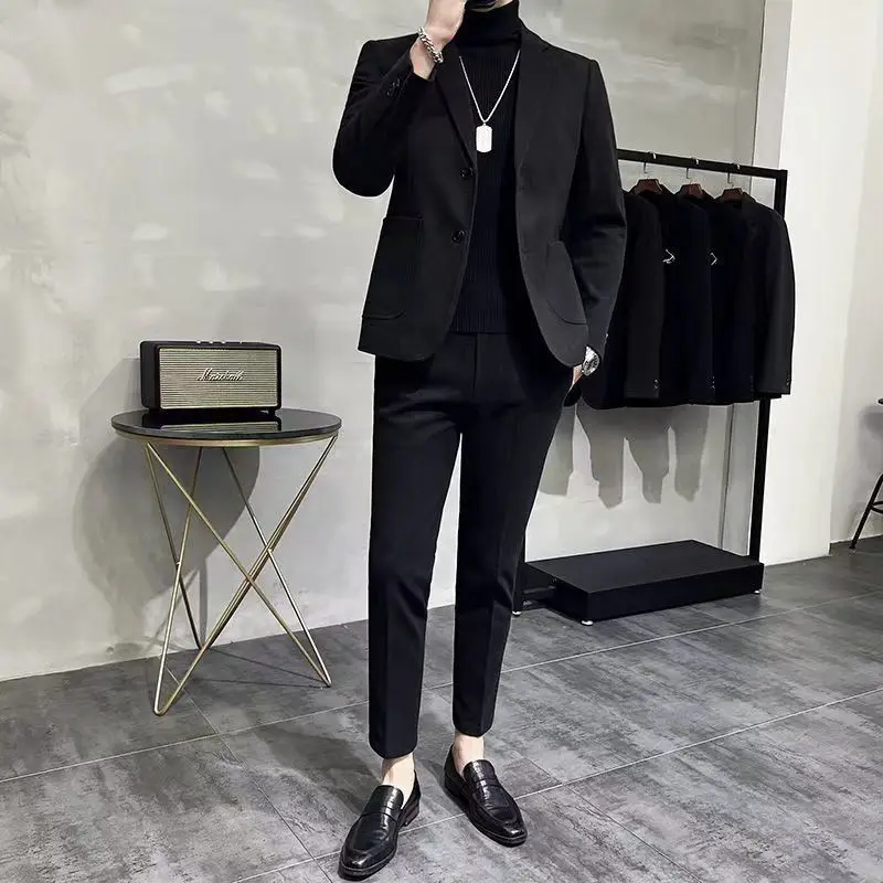 

New Arrival Men's Suit Long Sleeve Coats+trousers Length Pant 2 Pcs Set Solid Color Coats+Trousers Home Suits Male Size C55