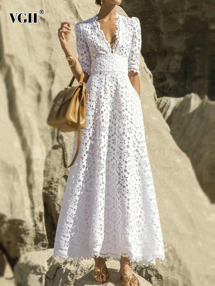 

VGH Solid Embroidery Elegant Slimming Dresses V Neck Half Sleeve High Waist Hollow Out Temperament Dress Female Fashion Clothing