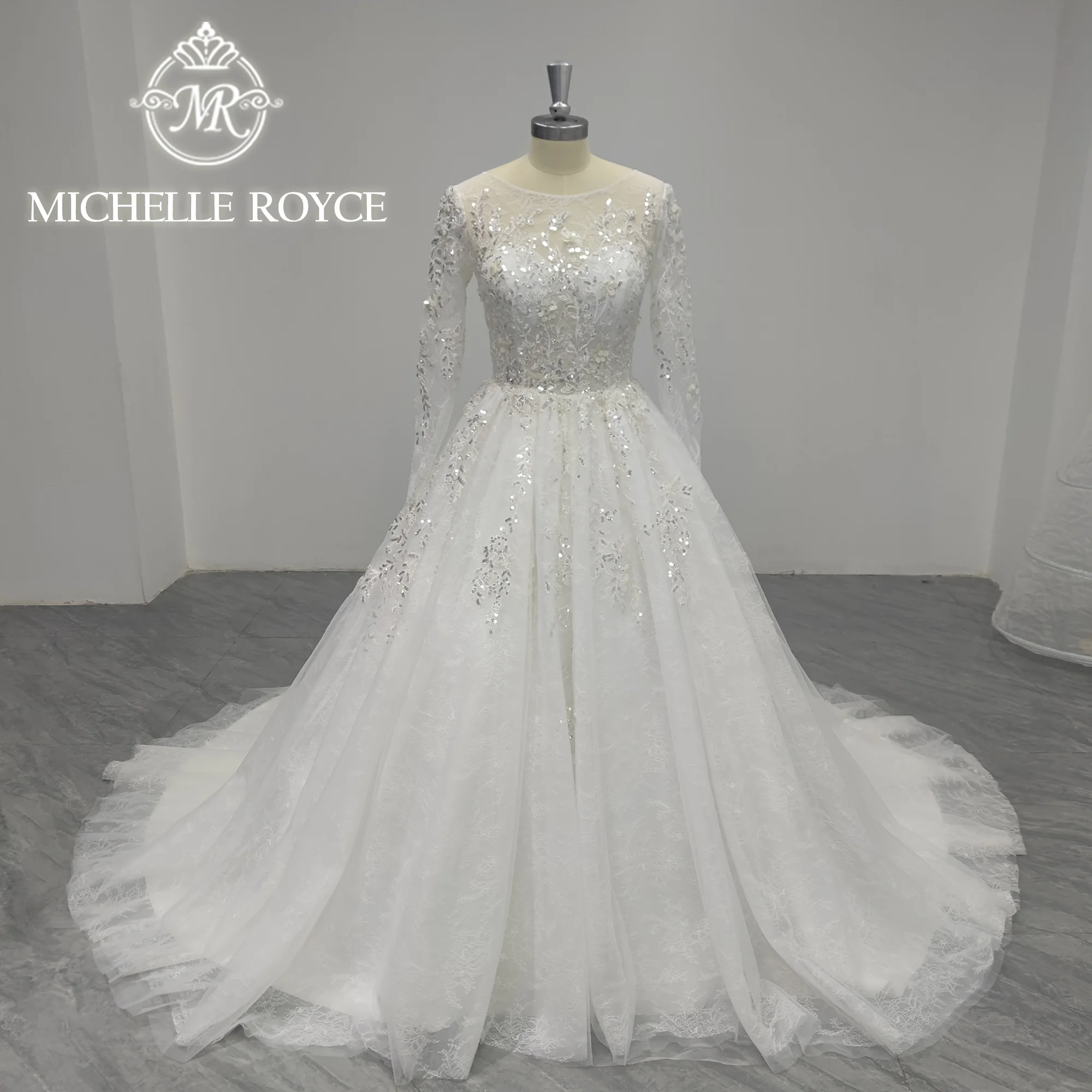 

Michelle Royce A-Line Long Sleeve Wedding Dress 2024 Romantic SCOOP Beading Embroidery Illusion Wedding Gown Vestidos De Novia