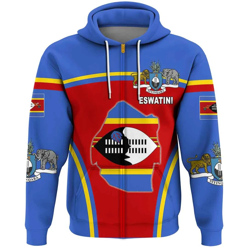 Africa Swaziland Map Flag 3D Print Zip Up Hoodies For Men Eswatini Patriotic Tracksuit National Emblem Graphic Sweatshirts Tops