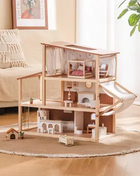 ROBUD Doll House Wooden Bohemian Dollhouse with Realistic Design Includes 37 Pieces of Furniture Accessories for Kids Ages 3+ 1