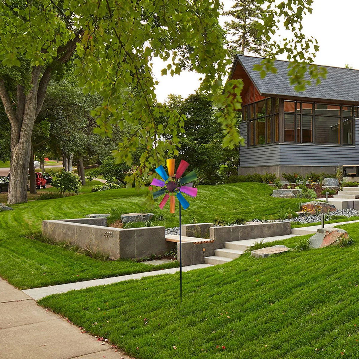 Flower Wind Spinner Stake Rainbow Metal Windmill Garden Decoration Garden Stake Outdoor Wind Sculpture Lawn Decoration garden art decor windmill toys wind spinner garden windmill