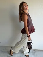 Haut Halter en Similicuir à Franges et Patchwork pour Femme, Débardeur Chic Sans Manches et Dos Nu, Collection Printemps-Été 2026 4