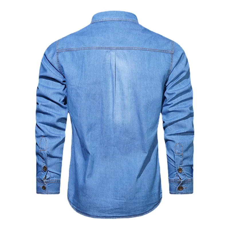 Spring Men Outdoor Multi-pocket Denim Tooling Shirts Man Long-sleeved Denim Shirts Quality Male Cotton Casual Jeans 5 denim shirt long sleeved shirt