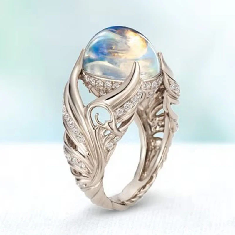 Anillos Yuzuk Silver Jewelry Ring Vintage Colorful Big Circular Cut Ring Women Angel Wings Moonstone Femme Jewelry Silver Rings Silver Ring
